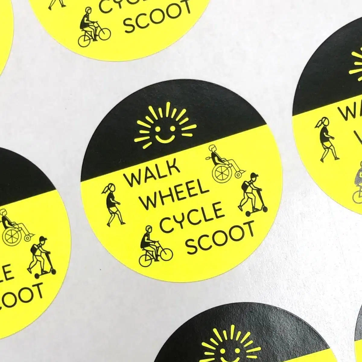 Active Travel Stickers, Walk, Wheel, Cycle, Scoot.