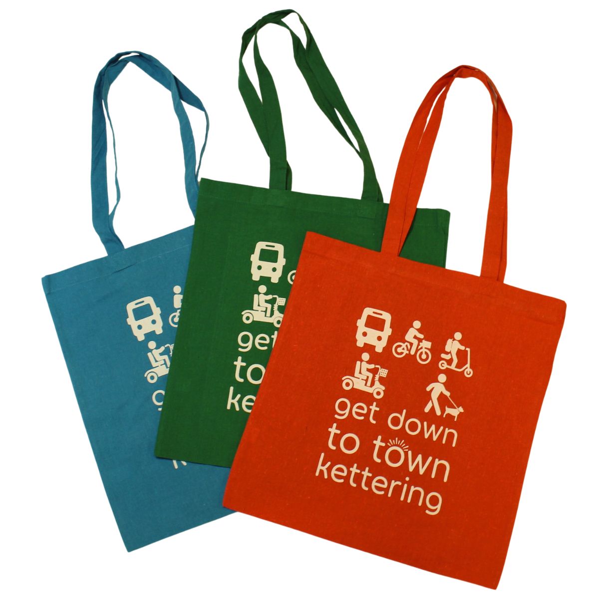Three Recycled Cotton Shopper Bags splayed out in orange, green and blue