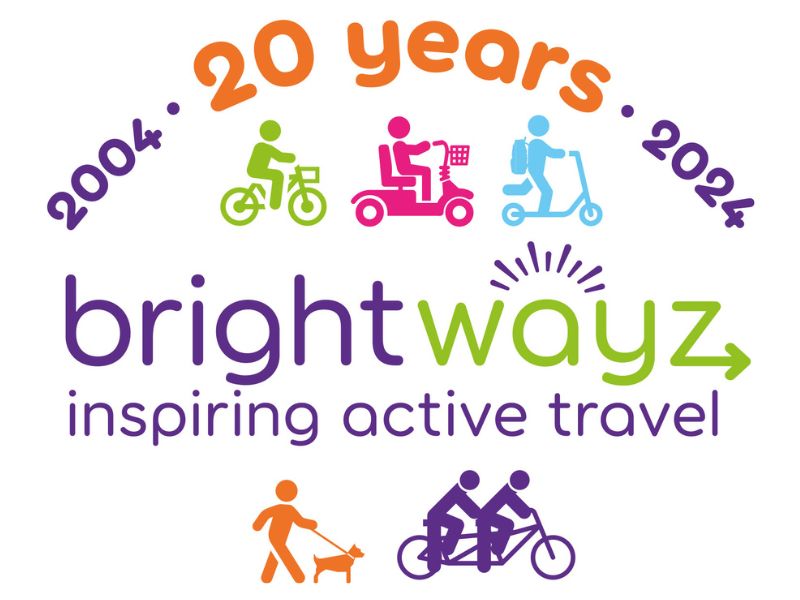 Brightwayz 20 years with dog walker, tandem rider, cyclist, mobility scooter and scooter rider icons