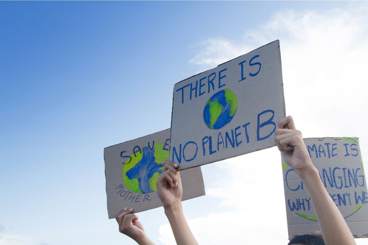 Person holding sign saying No Planet B