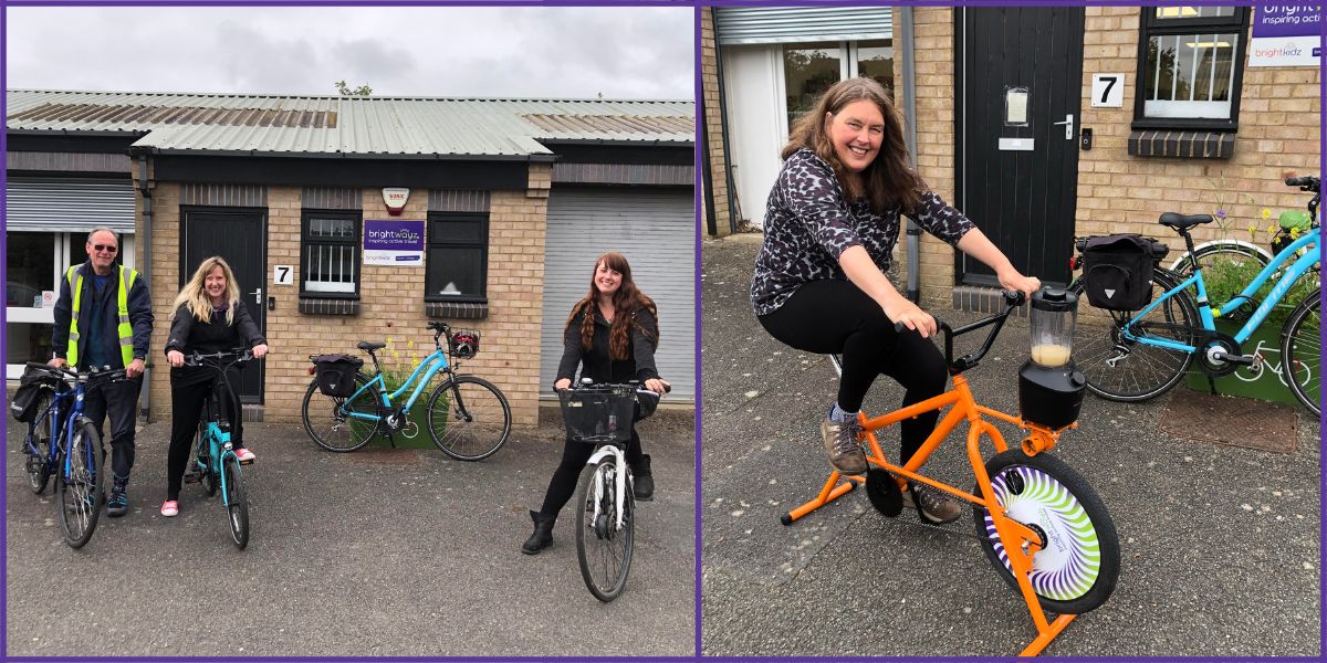 Brightwayz staff getting ready for a bike ride and another on a smoothie bike