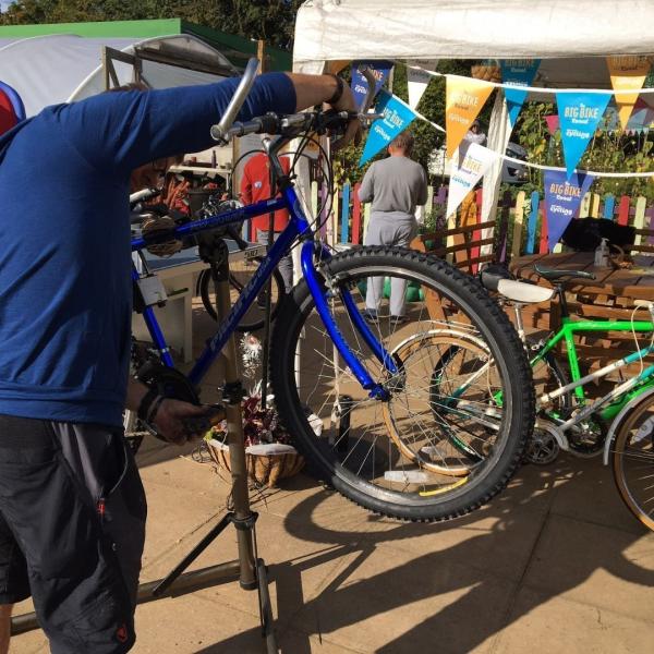 FIxing a bicycle.