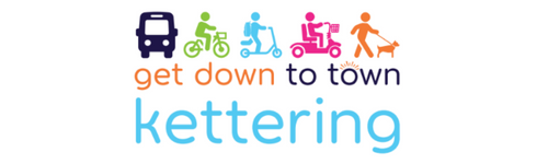 Get Down To Town Kettering logo with images of walker, cyclist, mobility scooter use and bus