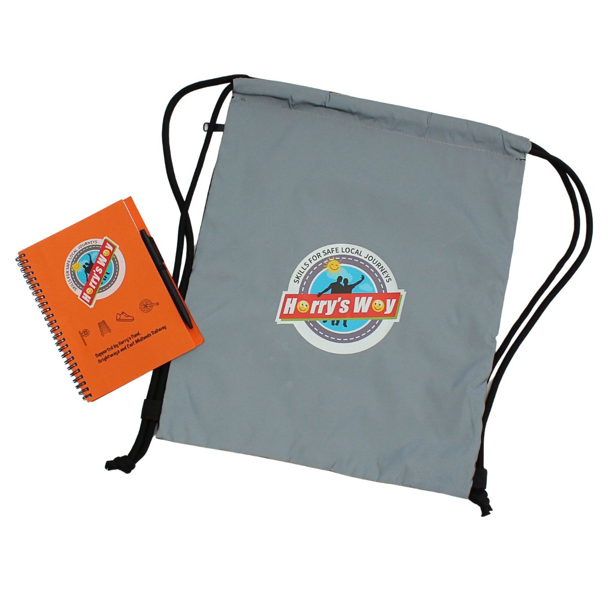Harrys way notebook and reflective bag with logo.