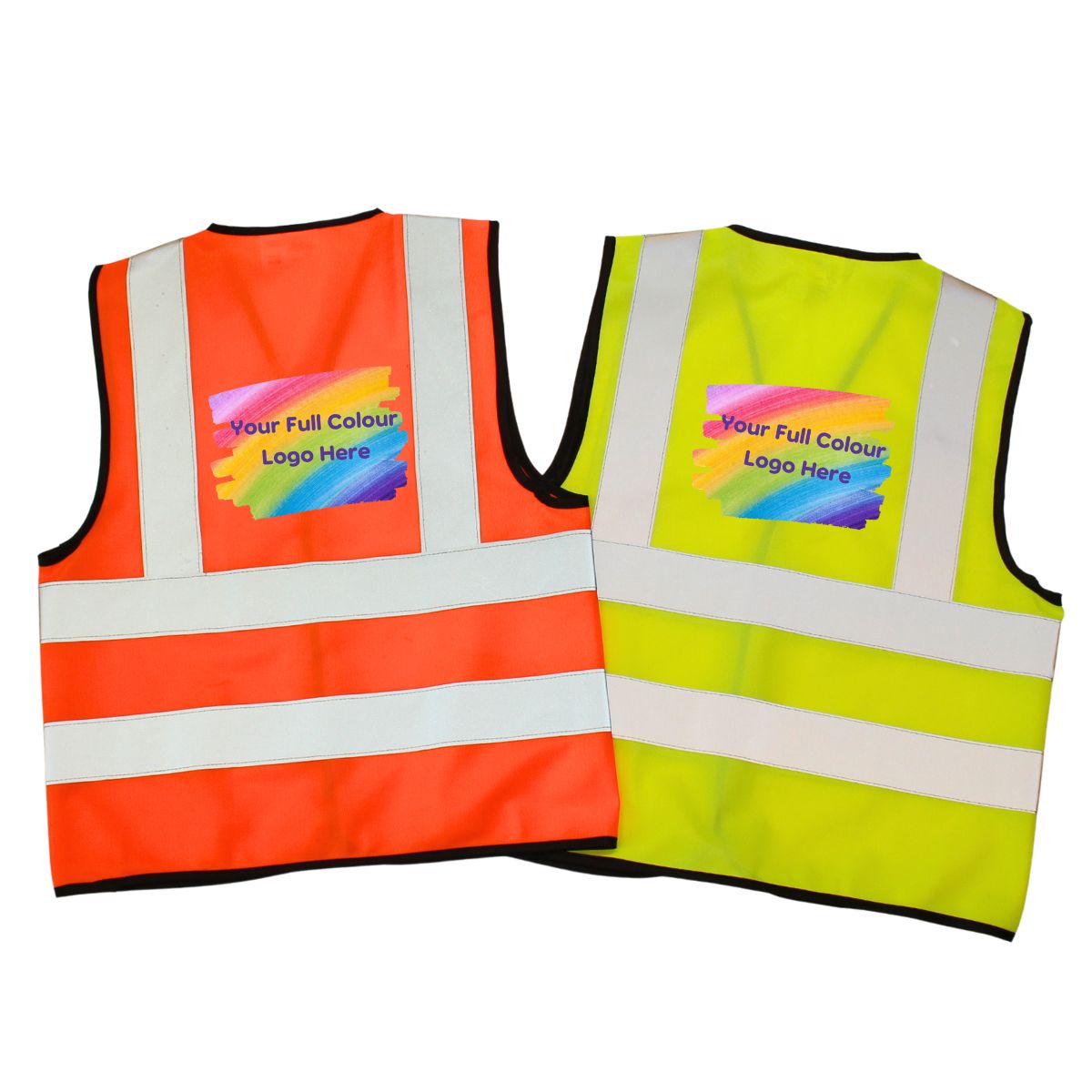 Yellow and orange high vis waistcoat with full-colour back print example