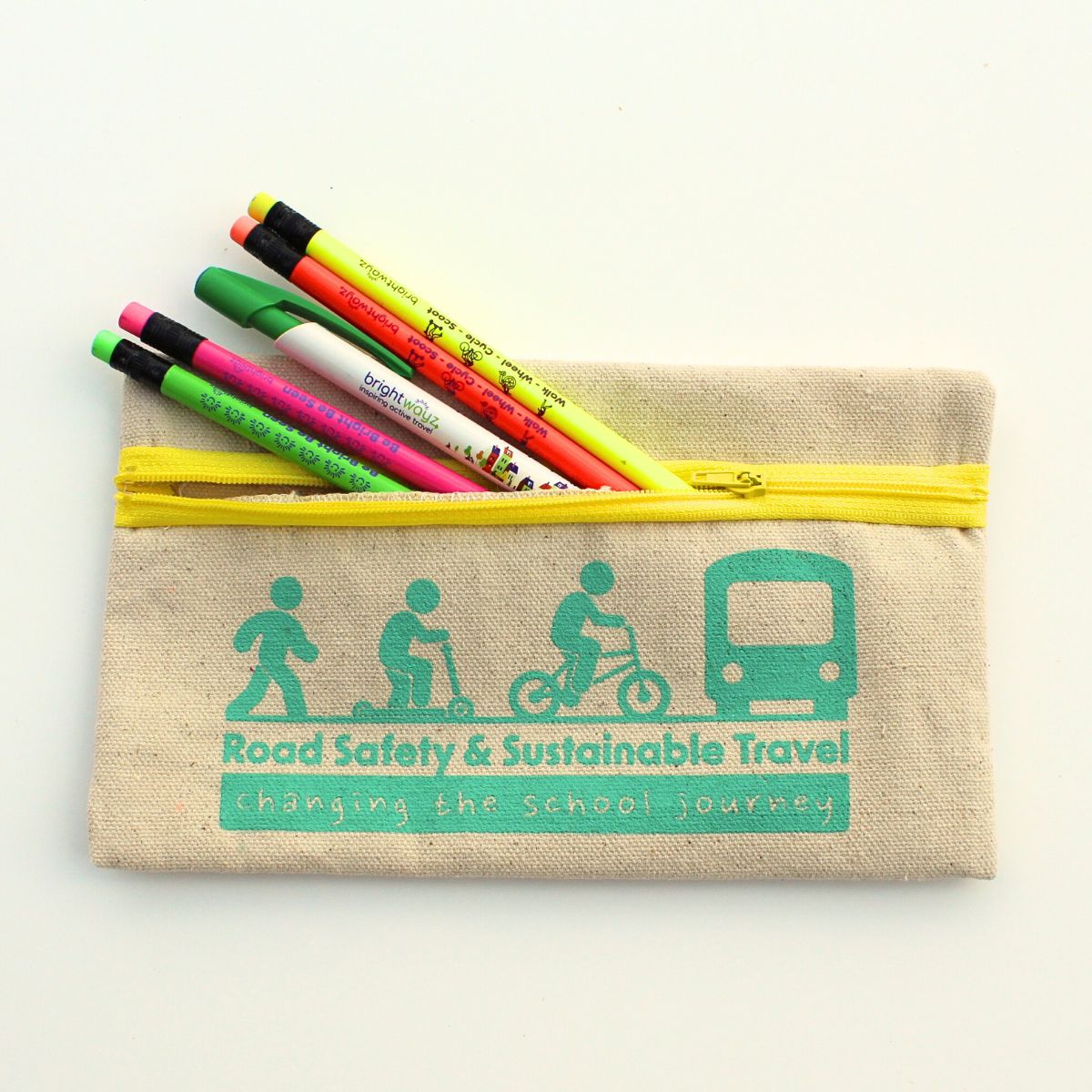 Eco Pencil Case with Stationery of pen and 4 pencils showing