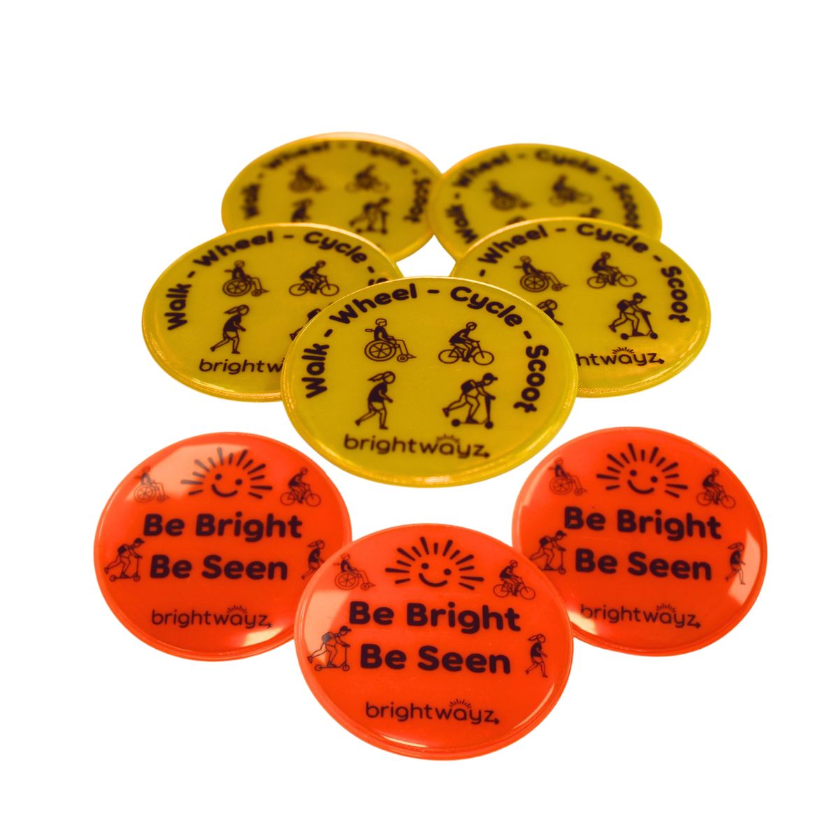 Be Bright Be Seen Badge and Walk Wheel Cycle Scoot Badge.